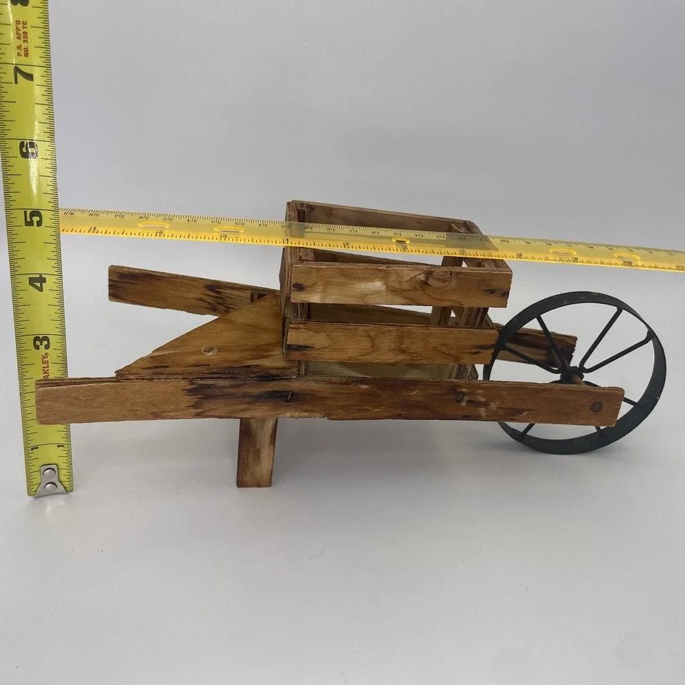 Vintage Small Wooden Wheelbarrow Planter, Metal Rolling Wheel,Rustic 11